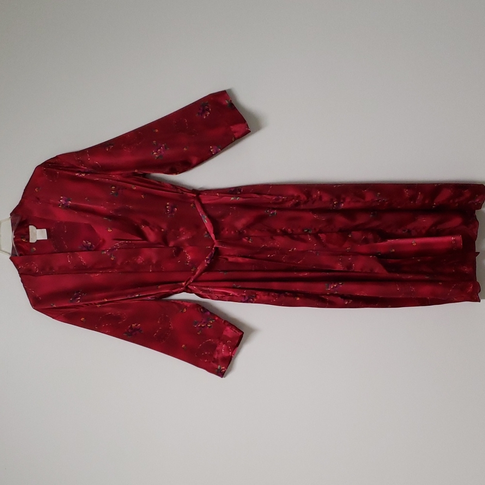 Cherry red satin floral slip dress‎ and full length robe set size medium
